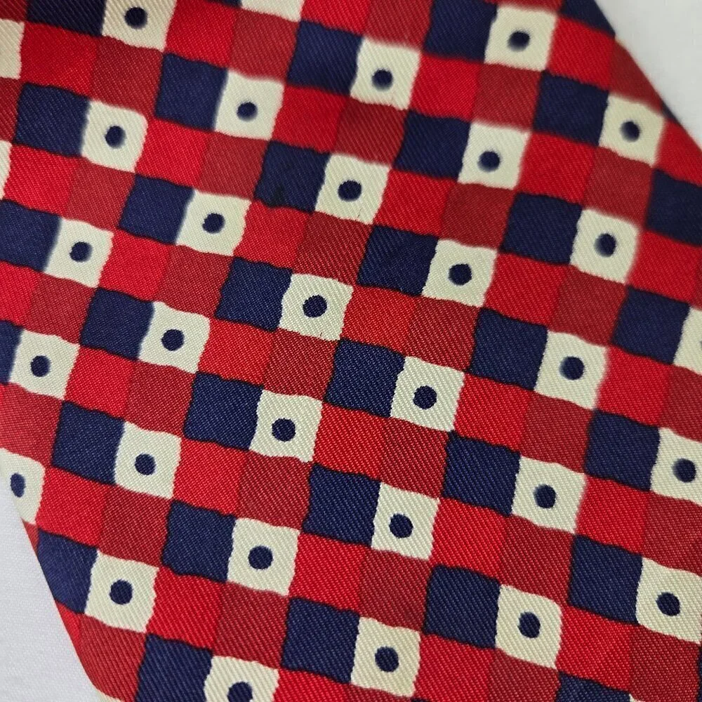 Liberty of London 100% Silk Men's Tie red Blue Cream Diamonds and Polka Dots